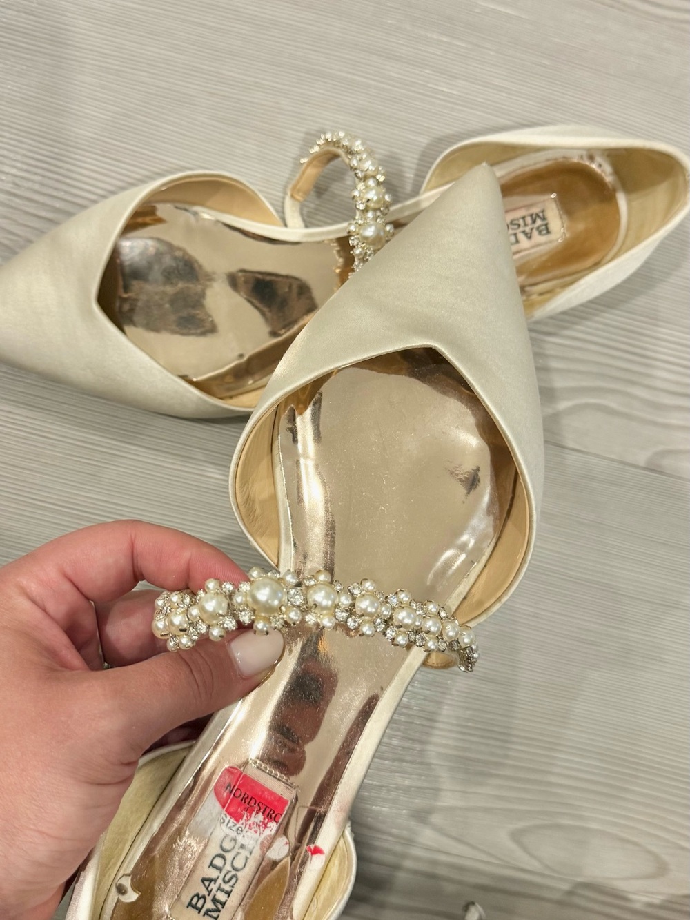 Badgley Mischka Ivory Satin Pearl & Crystal Embellished D'Orsay Mule